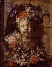 buste d'enfant dans une alcove fleurie
