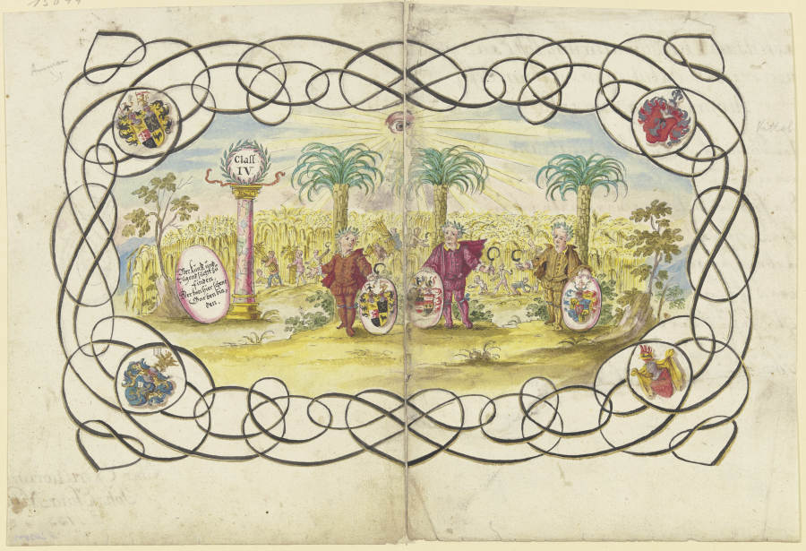 Drei Knaben, ein Wappen haltend, stehen unter Palmen vor einem Kornfeld, das abgeerntet wird à Johannes Esaias Nilson