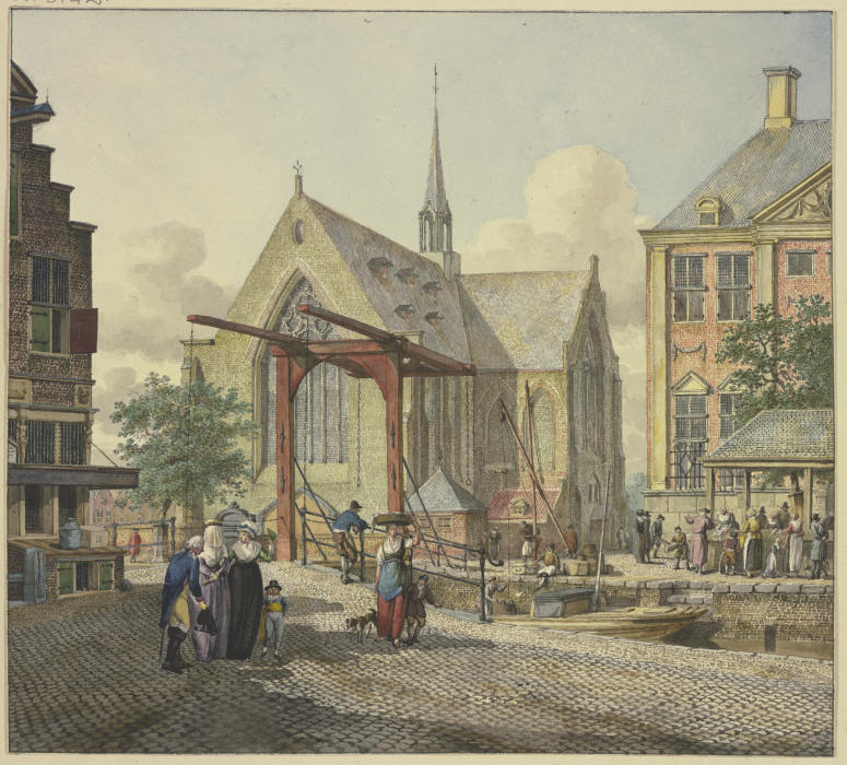 Schleusentor bei einer Kirche, links eine verschleierte Dame, ein Offizier und eine Dame mit einem K à Johannes Huibert Prins