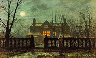 Jardin en soirée avec une vue sur un logement éclairé. à John Atkinson Grimshaw