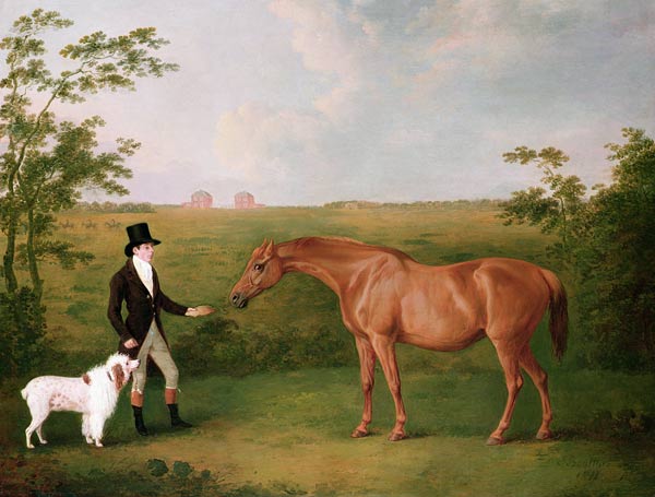 A Gentleman with a White Dog and a Chestnut Mare in a Landscape à John Boultbee