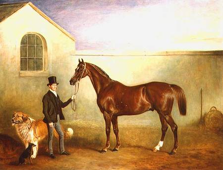 Mr Meakin holding Sir Robert Peel's Chestnut Hunter with his dogs 'Hector' and 'Jem' à John E. Ferneley le Jeune