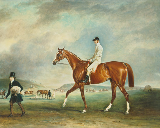 "The Cur" chestnut racehorse with jockey up on Newmarket Heath à John E. Ferneley le Jeune