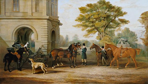 cheval de Dame Williams-Wynn et une calèche devant le château Wynnstay.