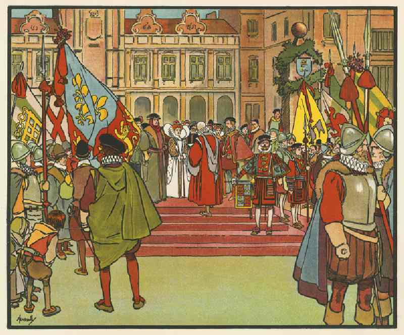 Elizabeth I proclaimed Queen at Hatfield (colour litho) à John Hassall