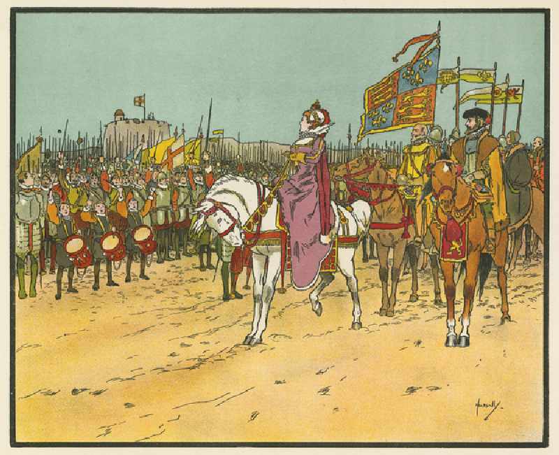 Elizabeth I reviews the troops at Tilbury (colour litho) à John Hassall
