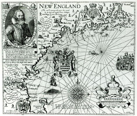 Map of the New England coastline in 1614 - John Smith en reproduction  imprimée ou copie peinte à l\'huile sur toile