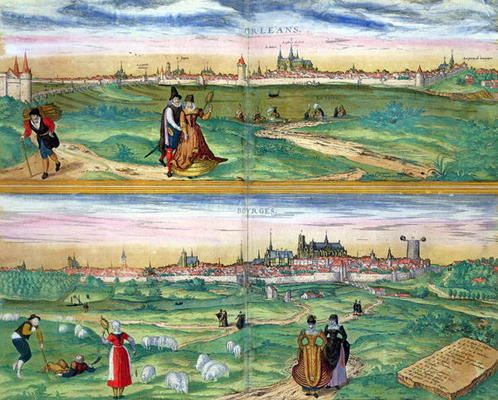 Map of Orleans and Bourges, from 'Civitates Orbis Terrarum' by Georg Braun (1541-1622) and Frans Hog à Joris Hoefnagel