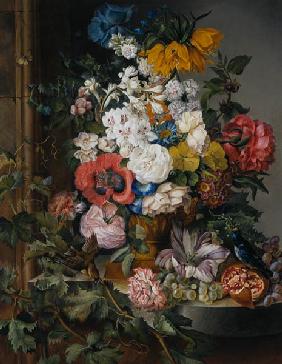 grand bouquet de fleurs avec des fruits, oiseaux et insectes