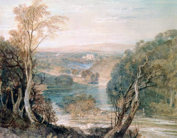 The River Wharfe with a distant view of Barden Tower à William Turner