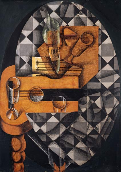 Guitar, Bottle, and Glass, 1914 (pasted papers, gouache & crayon on canvas) à Juan Gris