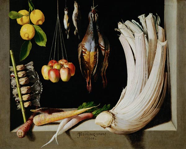 Still life with dead birds, fruit and vegetables à Juan Sanchez Cotan