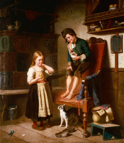 Deux enfants avec le chat à un four de carreau à Julius Geerts