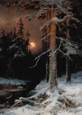 Paysage de forêt en hiver avec la lune.
