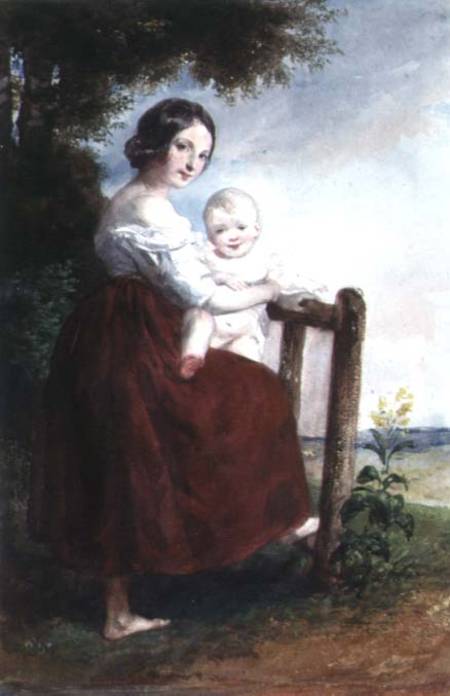 Girl holding a Baby: Landscape Background à Károly Brocky