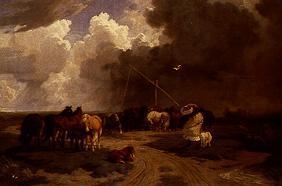 paysage avec chevaux à l'éclatement de l'orage
