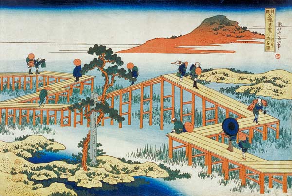 Eight part bridge, province of Mucawa, Japan, c.1830 (wood block print) à Katsushika Hokusai