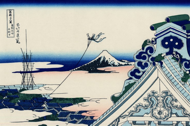 Asakusa Hongan-ji temple in the Eastern capital, Edo (from a Series "36 Views of Mount Fuji") à Katsushika Hokusai