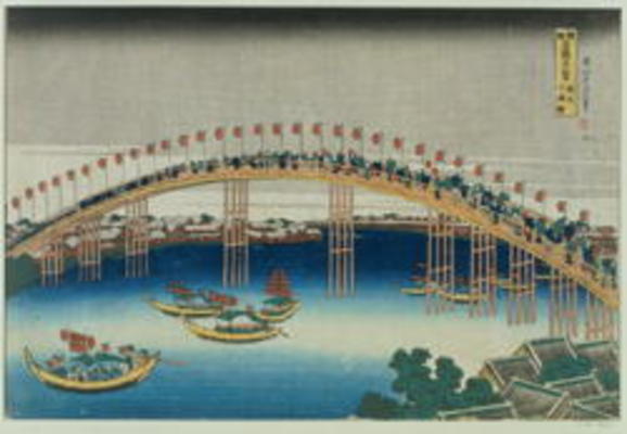Procession over a Bridge (colour woodblock print) à Katsushika Hokusai