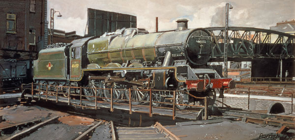 Jubilee Turnaround, Hawke 45652 Jubilee Class Locomotive on Camden turntable, London (oil on canvas) à Kevin  Parrish