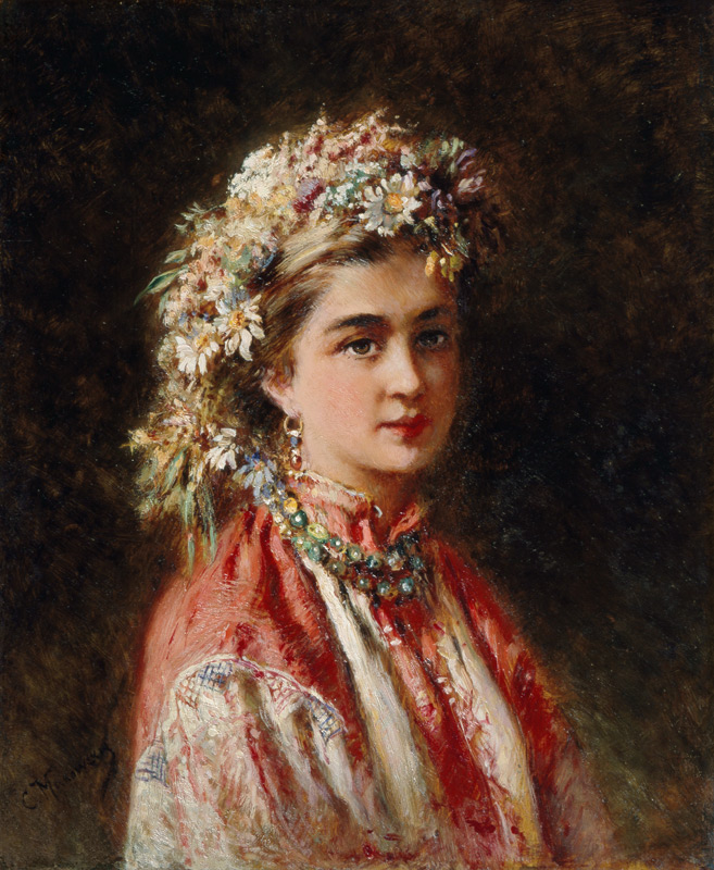 Young girl with flower garland à Konstantin Jegorowitsch Makowski