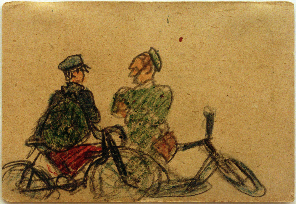 Ohne Titel (Fahrradfahrer im Gespräch)  à László Moholy-Nagy