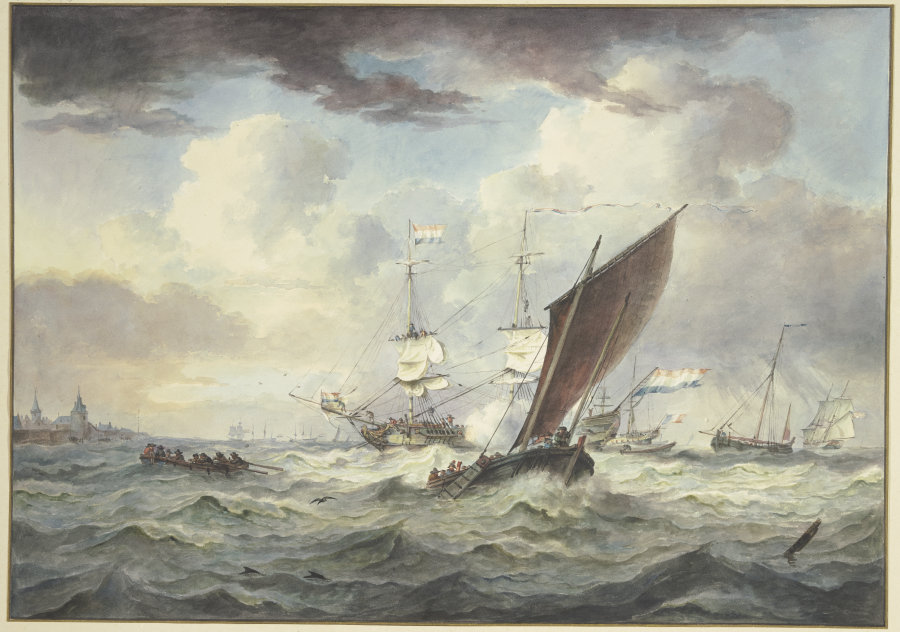 Stark bewegte See mit vielen Schiffen, ein großes Schiff lädt eine Kanone, davor ein Boot von vorne  à Leendert de Koningh
