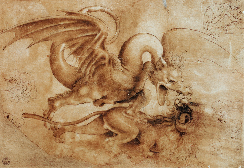 Combat entre un dragon et un lion à Léonard de Vinci