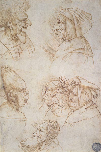Seven Studies of Grotesque Faces à Léonard de Vinci