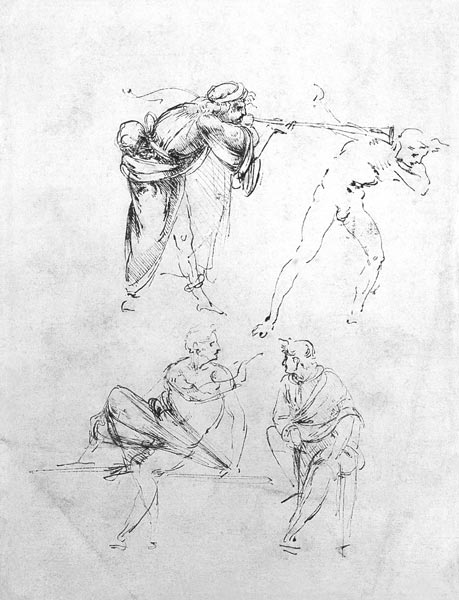 Study of a man blowing a trumpet in another''s ear, and two figures in conversation, c.1480-82 (pen  à Léonard de Vinci