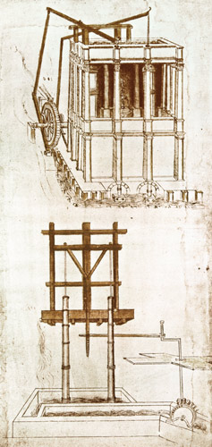 Facsimile of Codex Atlanticus 395v Hydraulic Water Pump for a Fountain (original copy in the Bibliot à Léonard de Vinci
