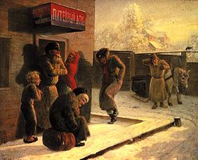 devant un bar russe en hiver