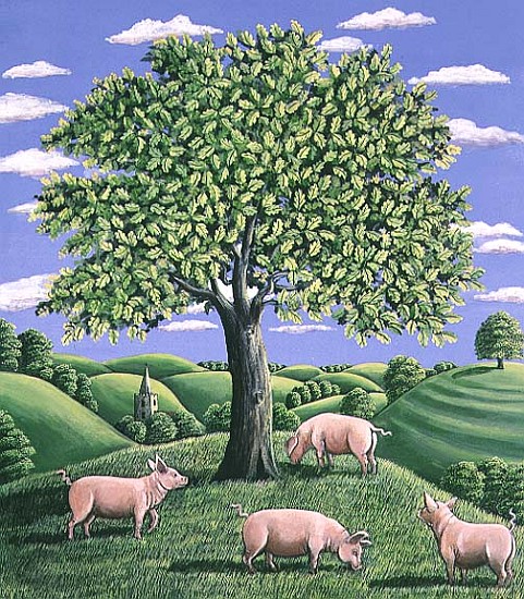 Pigs under an oak tree, 1985 (gouache)  à Liz  Wright