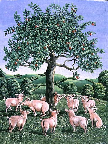 Pigs under the apple tree, 1983 (gouache)  à Liz  Wright