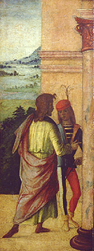 Zwei Männer, an einer Säule stehend à Lorenzo Costa