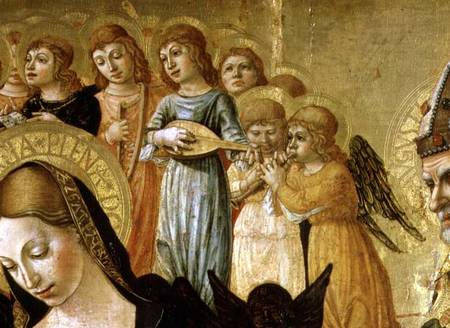 The Marriage of St. Catherine of Siena, detail of the head of the Virgin and musical angels à Lorenzo d'Alessandro  da Severino II