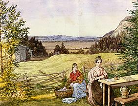 Vue sur un paysage de colline avec deux femmes à une table.