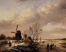 paysage fluvial en hiver avec des patineurs et des moulins à vent
