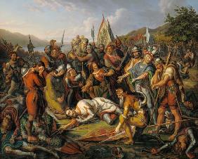 Les camarades de serment au cadavre Winkelrieds dans la bataille de Sempach 9.7.1386.