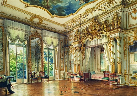 Bedroom of Tsar Alexander I in the Alexander Palace, Tsarskoye Selo, 1855 (w/c & white colour on pap à Luigi (Ludwig Osipovich) Premazzi
