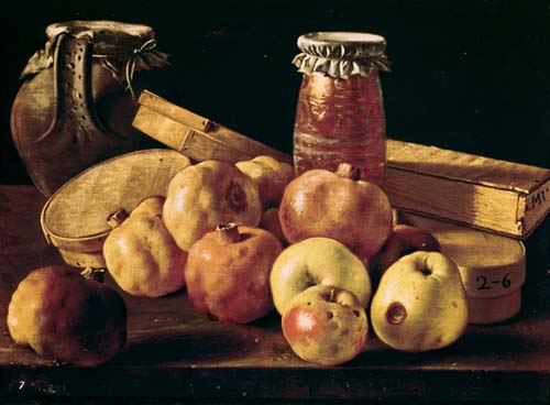 Still Life with Pomegranates, Apples, a Pot of Jam and a Stone Pot à Luis Melendez