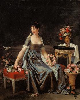 portrait d'une dame, entouré des fleurs et des oiseaux