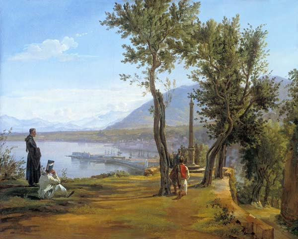 personnages dans un paysage avec un port dans l'arrière-plan