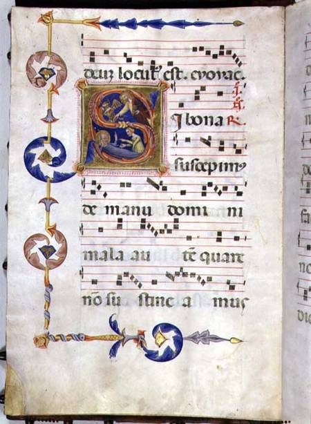 Ms 564 f.13v Page with historiated initial 'S' depicting The Constancy of Job à Maître des effigies dominicaines
