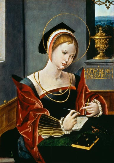 Portrait of a lady writing à Maître des Female Half Lengths