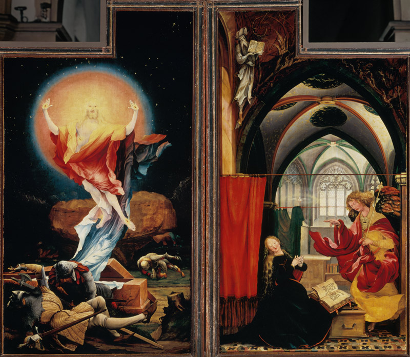 autel d'Isenheimer deuxième côté de regard, panneau droit et gauche : résurrection du Christ, annonc à Mathias (Mathis Gothart) Grünewald
