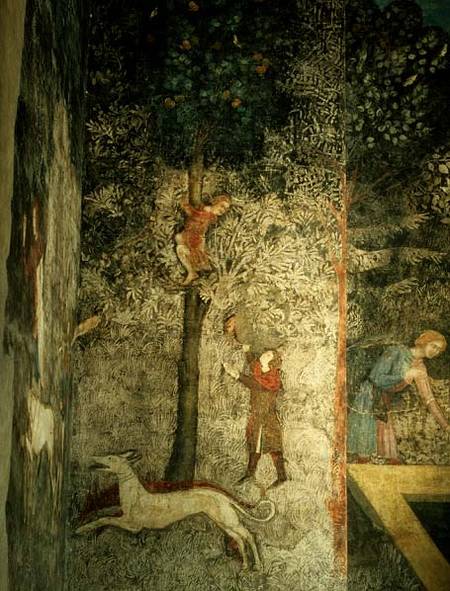 Hunting dogs and men climbing a tree detail of the decorative scheme from La Chambre du Cerf ( 1347 à Matteo Giovanetti