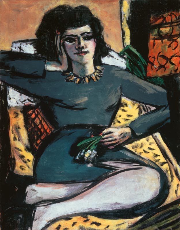 Resting woman with carnations, portrait of Quappi à Max Beckmann