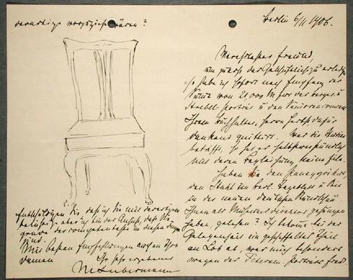 Artist's notes and sketch of a chair (ink on paper) à Max Liebermann