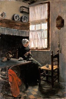 paysanne tricotant à la fenêtre